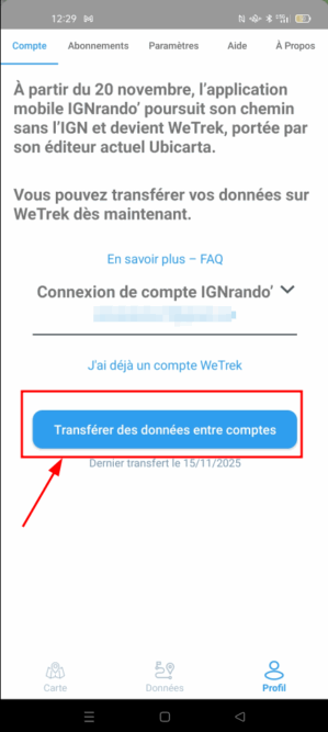Démarrer le transfert vers WeTrek