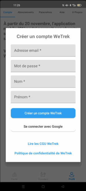 Formulaire de création de compte WeTrek